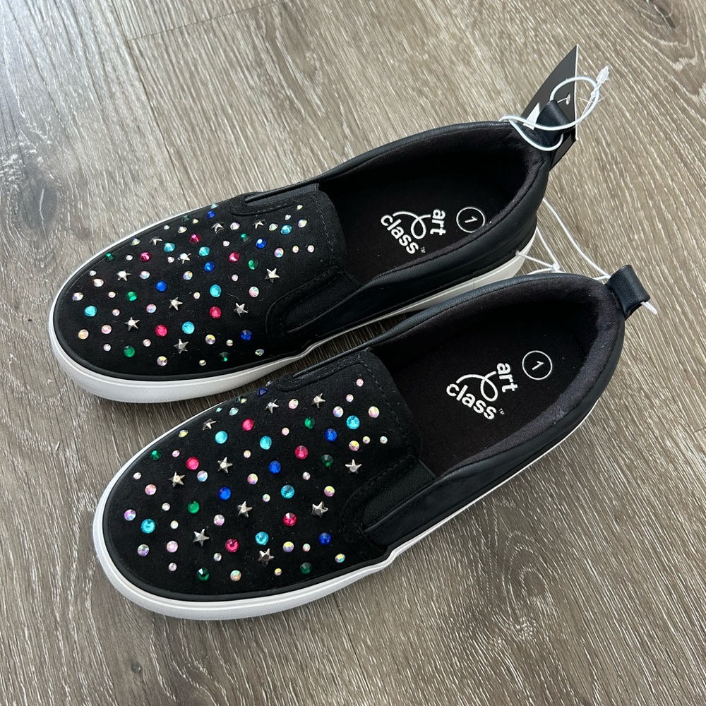 Girl Black Slip On Sneakers with Multicolor Gem and Star Studs size 1